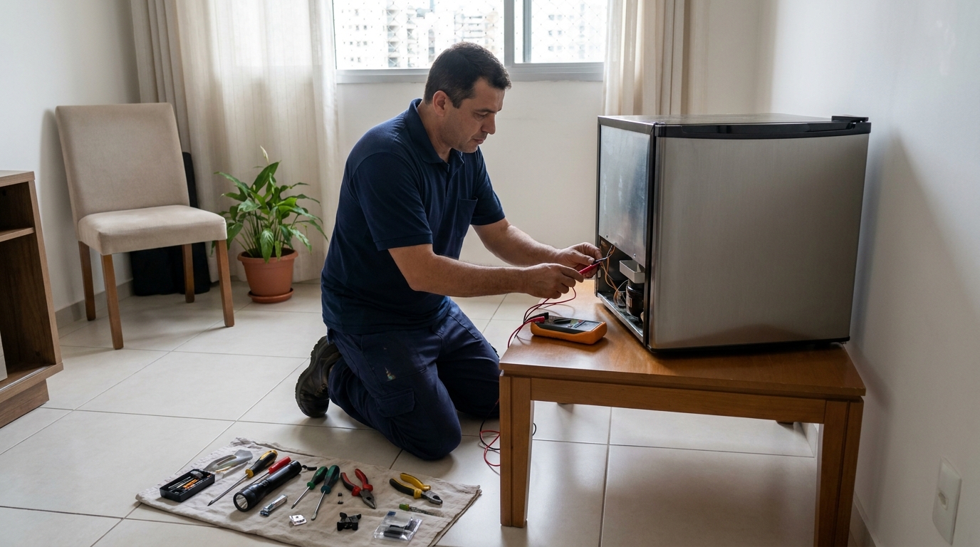 Técnico revisando o motor de um frigobar em Curitiba‑PR