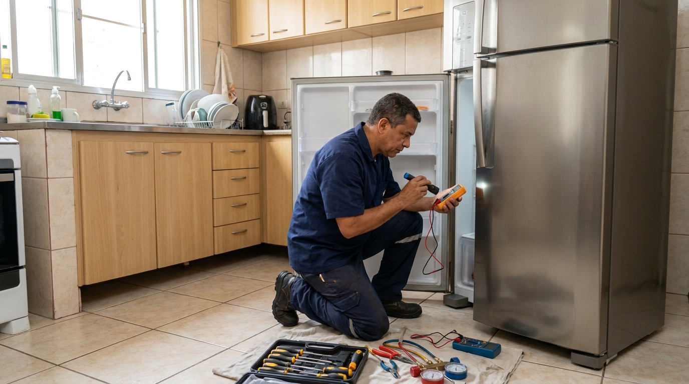 Técnico fazendo recarga de gás em geladeira de cliente no Batel, Curitiba‑PR