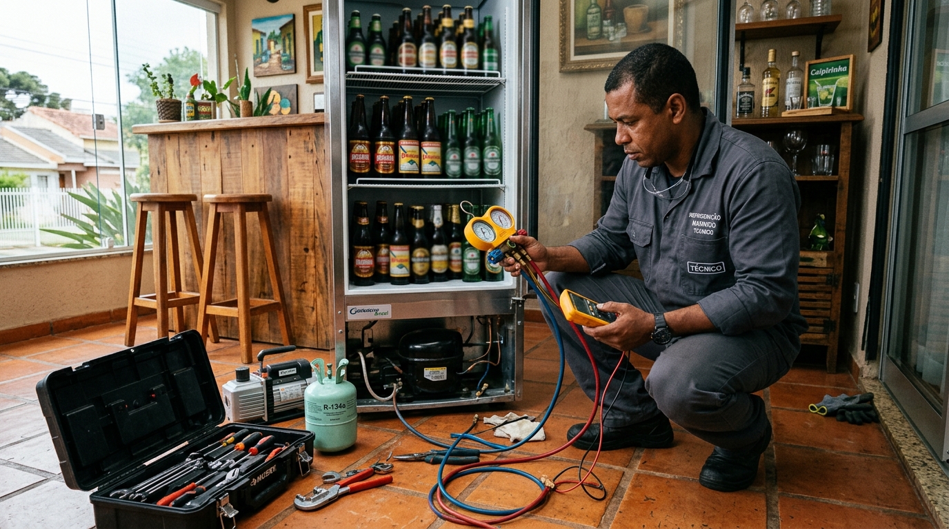 Técnico conferindo a temperatura de uma cervejeira durante atendimento em Curitiba‑PR