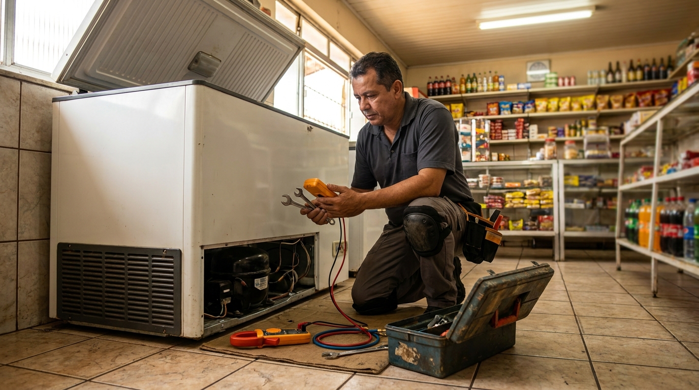 Técnico avaliando um freezer vertical durante atendimento em Curitiba‑PR